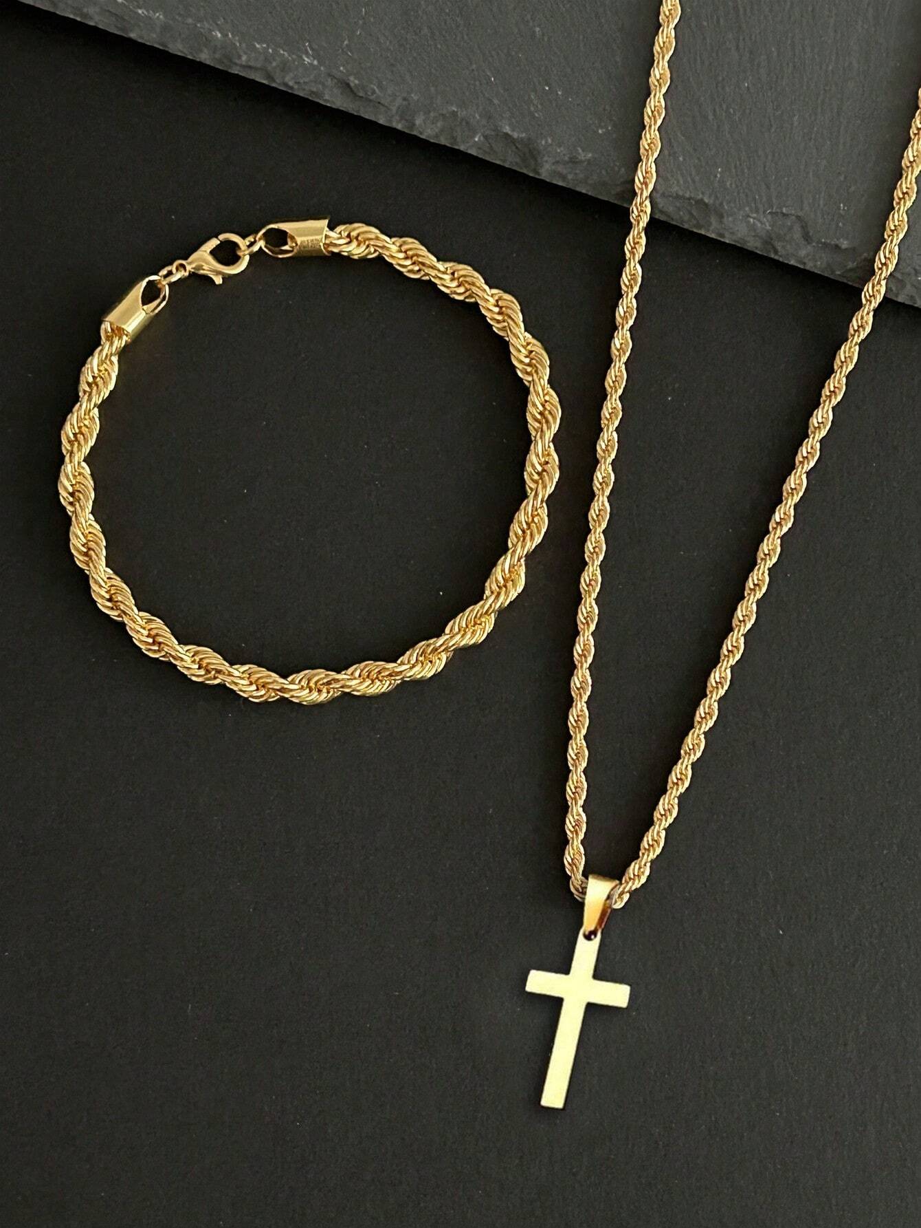 OroVibe™ – Set de Collar con Cruz y Pulsera Trenzada