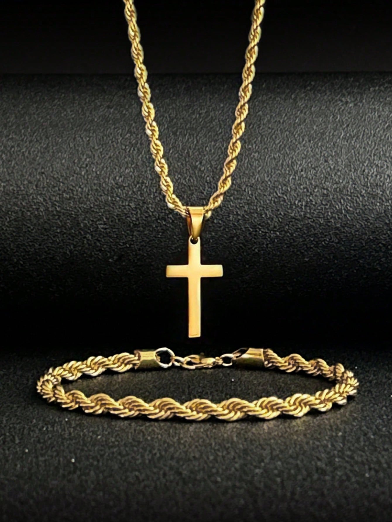 OroVibe™ – Set de Collar con Cruz y Pulsera Trenzada