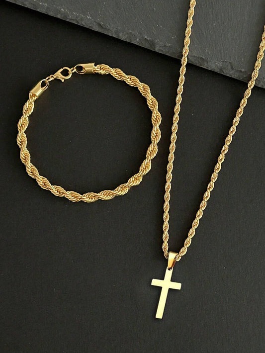 OroVibe™ – Set de Collar con Cruz y Pulsera Trenzada