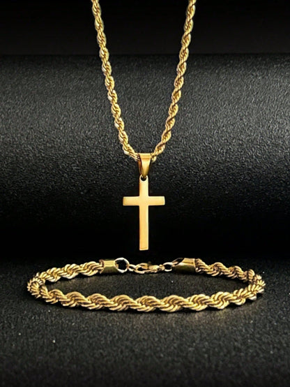 OroVibe™ – Set de Collar con Cruz y Pulsera Trenzada
